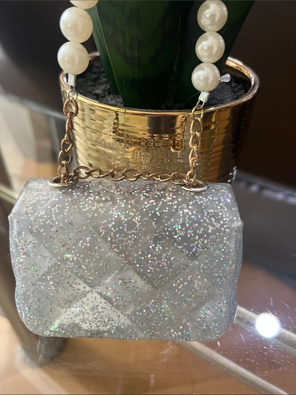 Pearl-Handle Glitter Mini Bag - White